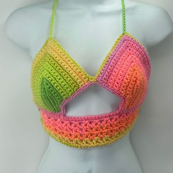 Handmade peek-a-boo crochet rainbow neon halter top crop open knit - Picture 2 of 11